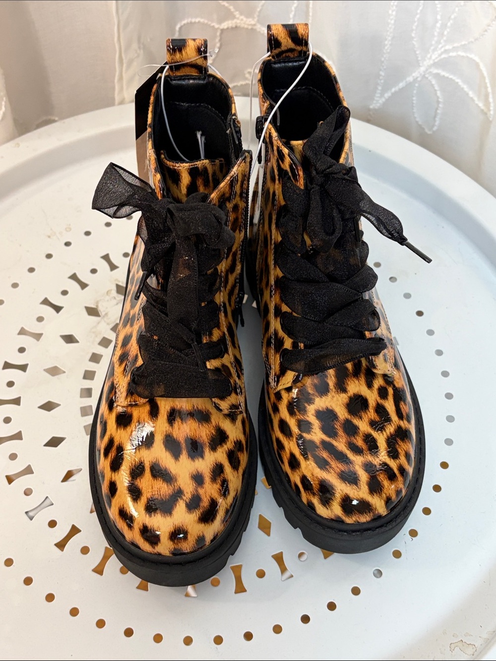 Kids Leopard Print Lace-Up Boots - Black & Brown patent leather 2